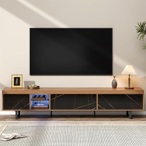 Merax LED TV-Schrank 190 cm Lowboard in Marmor- und Nussbaumoptik, Fernsehschrank mit Türen & Glasregalen, Modernes TV-Board für Wohnzimmer - 190L x 38B x 43 H (cm)