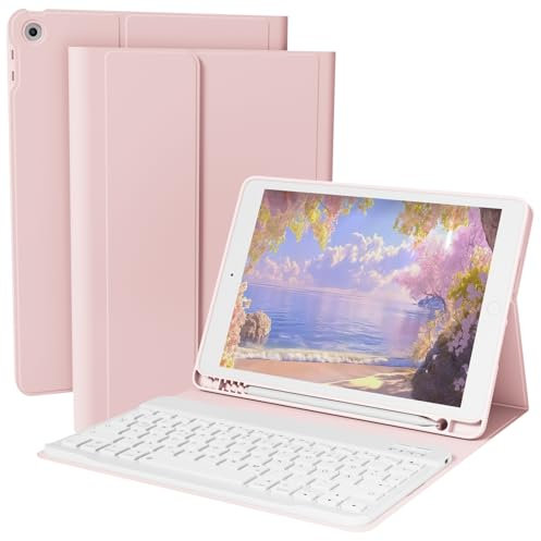 GKABXY Custodia per tastiera per iPad 9/8/7ª generazione (10,2 pollici, 2021/2020/2019), tastiera Bluetooth intelligente magnetica rimovibile, con portapenne, rosa