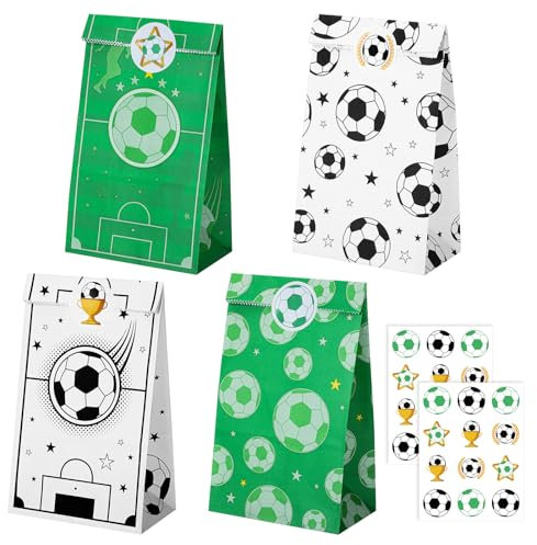 woric 20 Stück Papiertüten Fussball, 4 Stile Fussball Mitgebsel Tüten Geburtstagstüten Partytüten mit 24 Aufkleber für Weihnachten Fussball Deko Geburtstag Kinder Mottoparty Giveaways