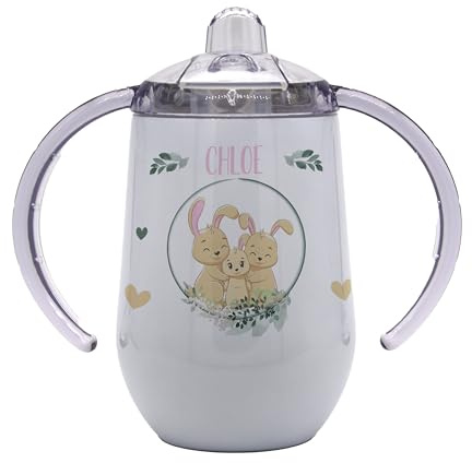 Marquage Unique Tasse d'Apprentissage Personnalisable pour Bébé, Motif Lapins et famille, Double Poignée, Couvercle Anti-Fuite, Gourde isotherme personnalisée au Prénom