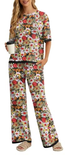 PrinStory Pyjamas For Women UK Summer Short Sleeve Pyjamas Crew Neck Nightwear Colour Clashing Side Split Loungewear Sets (Fp-Black Daisies, 2XL)