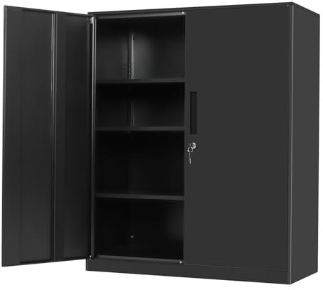 Chiidou Heavy-Duty Steel Storage Cupboard with Lock, 4-Tier Adjustable Shelving Filing Cabinet Unit for Office Files, Home Garage & School Organisation Black