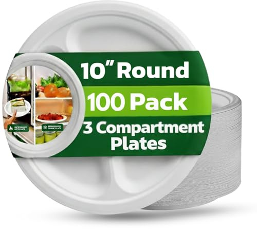 Disposable 3 Compartment Bagasse Plates (10 inch, 100 Pack) – Heavy Duty Biodegradable Paper Plates | Compostable Eco-Friendly Divided Natural Sugarcane Fibres – Microwave & Freezer Safe for Parties