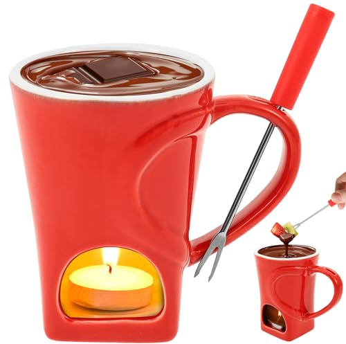 BOBASH Schokofondue Schokoladen Fondue Keramik Schoko Fondue Set mit Gabeln Schokoladenfondue für Käse Schokolade Butter Karamell(Rot)
