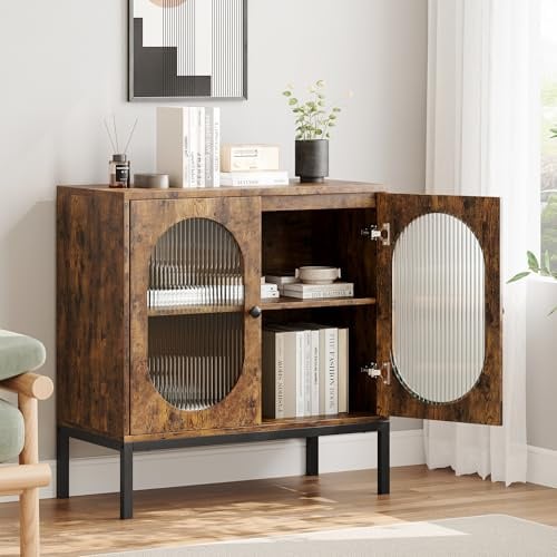 Thaookte Sideboard Mit 2 Türen Aus Glass Buffet Anrichte Mit Verstellbarem Regal Kommode Holz Aufbewahrungsschrank Beistellschrank Küchenschrank Für Küche, Wohnzimmer, Esszimmer, 80x40x83cm