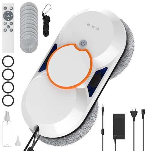 Robot Limpiacristales Automático 5600Pa, Limpiador de Ventanas Eléctrico con Doble Pulverizador, Navegación Inteligente, 3 Modos, Seguridad Anticaídas, Mando＆8 Paños Lavable, para Cristales y Azulejos