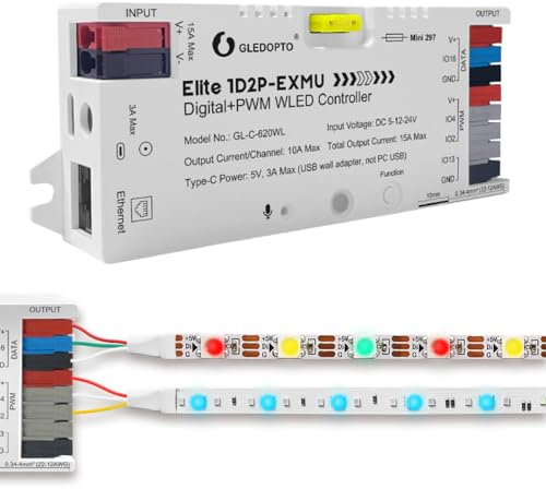 GLEDOPTO Elite 1D2P-EXMU WLED Controller, Digital & PWM LED Strip Controller mit Ethernet & Soundreaktion, max 15A, kompatibel mit Alexa & Home Assistant, 20A-Sicherung & Energiesparrelais (620WL)