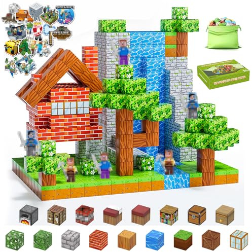 Lnxquizzic Magnetische Bausteine 150 Stück, Magnetbausteine Set mit 6 Minenarbeiter Figuren & 20 Aufklebern, 3D Magnet Spielzeug für Kinder ab 3, STEM Lernspielzeug Jungen, Kreativ Bauklötze Geschenk