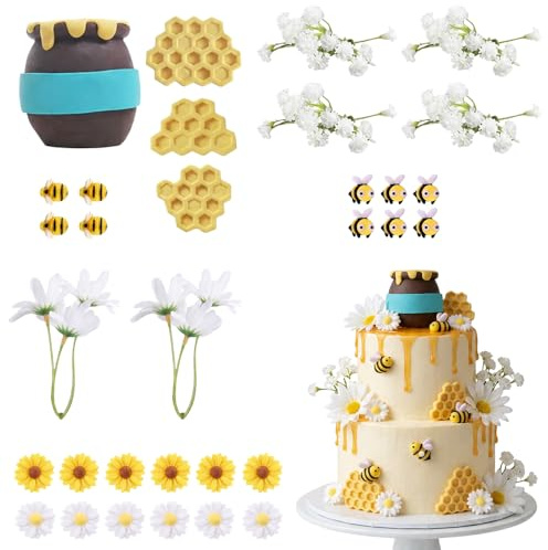 32Pcs Bee Cake Toppers, Daisy Flower & Honeycomb Cupcake Decorations, Resin Bee Picks for Birthday Party & Gender Reveal