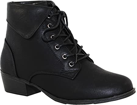 TOP Moda EC89 Women's Foldover Lace Up Low Chunky Heel Ankle Booties (8.5, Black)