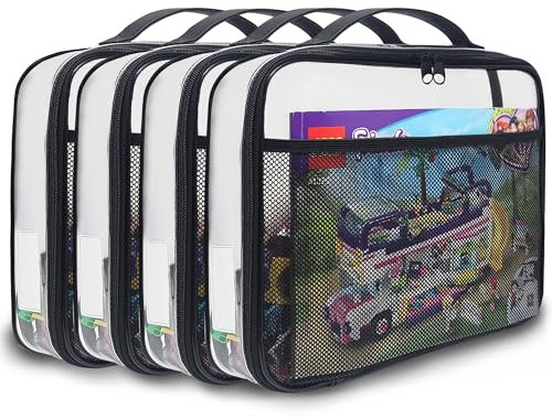 holay 4 Packs PVC Zippered Blocks Set, Toy, Clay, Board game Storage Organizer Case (Name Tag, Manual Pocket) (Black, Large)