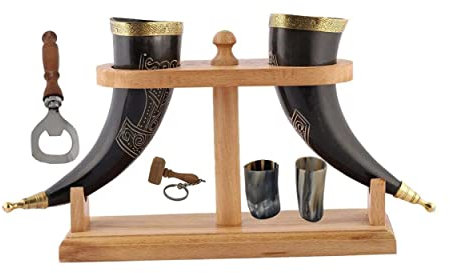 Viking Corne de bœuf | Chope | Tasse | Tasse pour bière, hydromel, vin, verre à liqueur, décapsuleur | 100 % sans fuite | Naturel et fait à la main | Offres combinées (2 cornes avec support en bois)