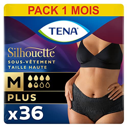 TENA Silhouette Plus Taille Haute - Sous-Vêtements Absorbants Jetables Incontience Femme - Post-Accouchement - pour Fuites Urinaires Modérées à Fortes - Noir - Taille M - 36 Culottes (Pack 1 Mois)