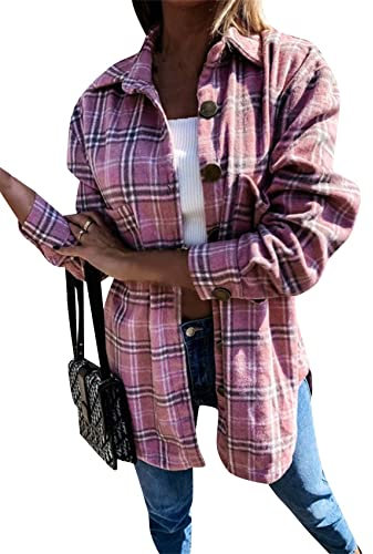 Yming Damen Casual Plaid Shacket Langhemd Vintage Button Down Holzfällerjacke mit Tasche Rose Pink 3XL