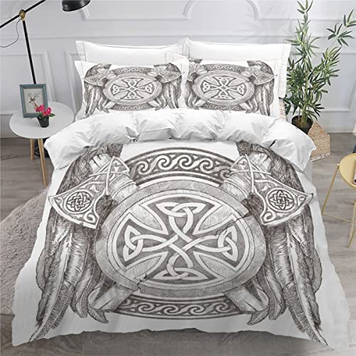 RAOHA Wikinger Bettwäsche-Sets 135x200 4teilig 100% Mikrofaser 3D Motiv Keltischer Schild Axt Bettwäsche Wikinger mit Reißverschluss Sommer Weiche Viking Kinderbettwäsche mit Kissenbezüge 80x80 cm
