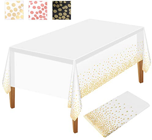 NEBURORA 1 Packung weiße und goldene Party Tischdecke Kunststoff Tischdecke 137 x 274 cm goldene Punkte Konfetti Einweg Tischdecke rechteckige Party Tischdecke für Picknick, Geburtstag