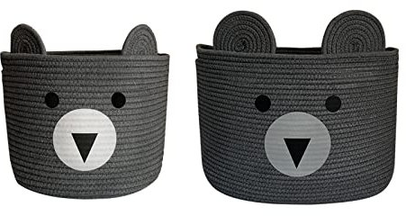 Bigepige Aufbewahrungskorb Kinder, Baby Spielzeug Baumwollseil Aufbewahrung Korb Geflochten, WäSchekorb Klein Faltbar Kinderzimmer Deko Basket Weiß Bär Grau