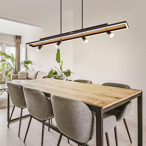 Hängelampe Esstisch Pendelleuchte schwarz Wohnzimmerlampe dimmbar, LED Hängeleuchte 4-flammig Holzoptik Spots schwenkbar, 4x GU10, LxBxH 116x12x120cm
