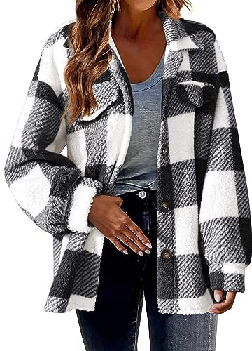Manteau d'hiver à carreaux pour femme - Veste chaude en peluche - Manches longues - Décontracté - Chaud - Manteau d'extérieur