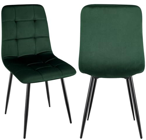 JIJIAN Lot de 2 Chaises de Salle à Manger, Chaise de Cuisine en Velours et Pieds en Métal Noir, Chaises Tapissées d'une Capacité de 120 kg, Vert Foncé