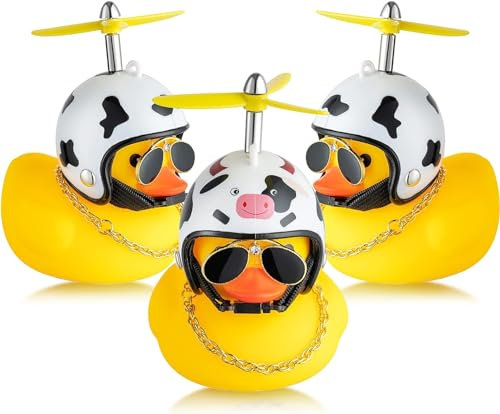 EGuangwiua Kuh Helm Gelbe Gummi Ente 3Stück Bauernhof Tier Gummi Enten Auto Armaturenbrett Dekoration Schwarz Weiß Kuh Druck Helm Ente Propeller Quietschen Spielzeug Geschenk
