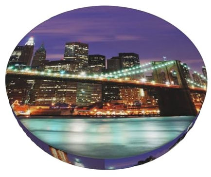 ROOZEE Bedruckte runde Stuhl-Sitzbezüge, Motiv: New York Night, 35,6 cm – Esszimmerstuhl-Sitzkissenschoner, Stuhlhussen