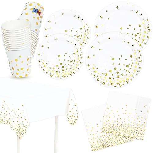 Pappteller Servietten Pappbecher Tischdecke Partygeschirr Set 20er-set Weiß mit Goldfolie Gepunkete Dessertteller Papierteller Papierservietten Partyteller Deko