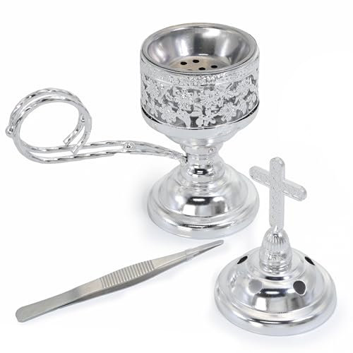 BEYLAB Brûleur d'encens, Support encensoir au Charbon de Bois, Porte-encens Bakhoor, idéal pour l'aromathérapie, Le Yoga et Le Spa, la Maison et l'église chrétienne – Argent