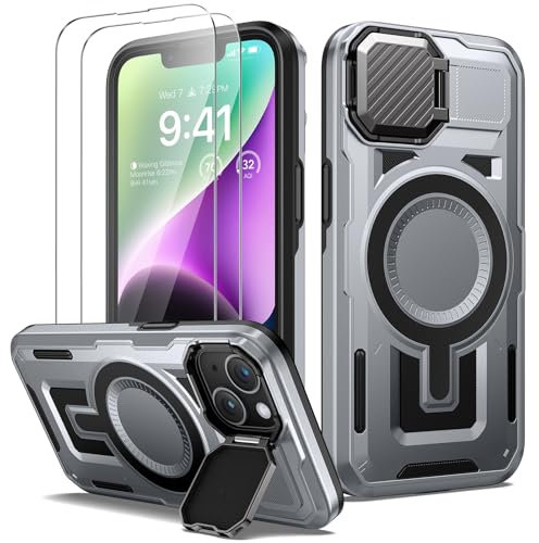 Lanhiem für iPhone 13/iPhone 14 Hülle mit Kameraschutz Ständer und 2 Stück Panzerglas, Magnetisch Handyhülle iPhone 13/ iPhone 14 Case Militär Stoßfest Outdoor Robust Schutzhülle Magnet Cover, Silber
