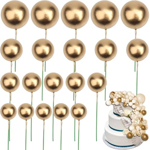 Roellgs 20 Pcs Gold Ball Cake Topper, Round Ball Cake Toppers, Craft DIY Bakeware Decorating Tools for Wedding Graduation Birthday Party (gold)