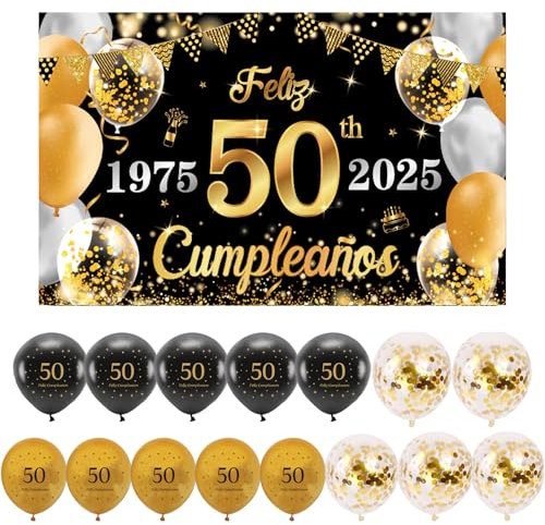 (1+15) Decoración para Cumpleaños 50 Escrita en Español 1 Pancarta Feliz Cumpleños 50 Decoración 50 Años Negro Oro Happy Bithday Fondo Cartel con15 Globos para Cumpleaños Adornos Kit para Cumpleaños