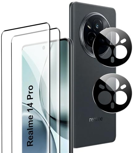 Rojeuinn Protector de Pantalla para Realme 14 Pro 5G,[2 Pack] Cristal Vidrio Templado y Protector de Lente de Cámara,Anti-Arañazos-dureza 9H Cristal Templado