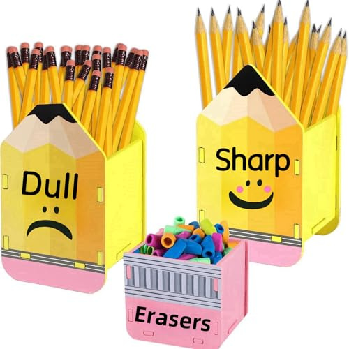 JUSSES 3 Pcs Pencil Shaped Pencil Holder Eraser Storage Back to School Wooden Pencil Dispenser Sharp and Dull Pencil Holder for School Classroom Students Teachers Office Desk Gift