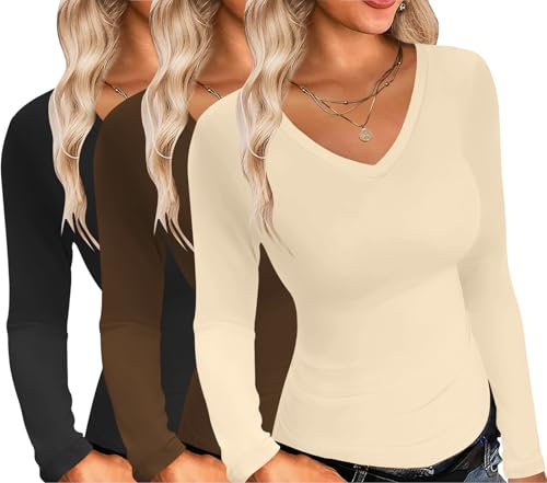 Ekouaer Womens 3 Pack Long Sleeve Shirts Sexy V Neck Tee Slim fit Tops Stretch Fitted Thermal Undershirt Layer Black + Brown + Beige M