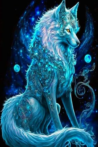 Picmondoo Diamond Painting - 40x60cm - Verzauberter Wolf | quadratische Harzsteine, AB-Steine, Strass- & Metallicfarben, klares Raster, Stift, Wachs & Schale für entspanntes DIY