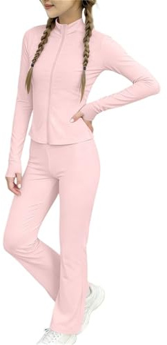 KODMNSW Bekleidungssets für Mädchen Jogginganzug Sport Jacke mit Schlaghose Set Sommer Outfits Zweiteiler Einfarbiges Freizeitanzug Atmungsaktive Mädchenbekleidung für Laufen, Fitness und Yoga