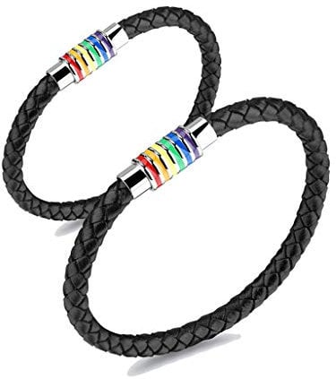 2stk Regenbogen Geflochtenes Edelstahl Leder Armband,Homosexuell LGBT Gay & Lesbian Pride Armreif mit Magnet Verschluss,Schwarz Charm Streifen Armbänder Armreifen für Herren Damen Männer Schwul 21.5cm