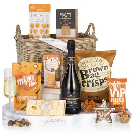 Virginia Hayward Hamper, New Parent Gift- Hampers & Gourmet Gifts, Indulge in Coated Honeycomb, Biscuits, Crisps, Nuts, Carrot Cake and a bottle of Bubbly plus more.