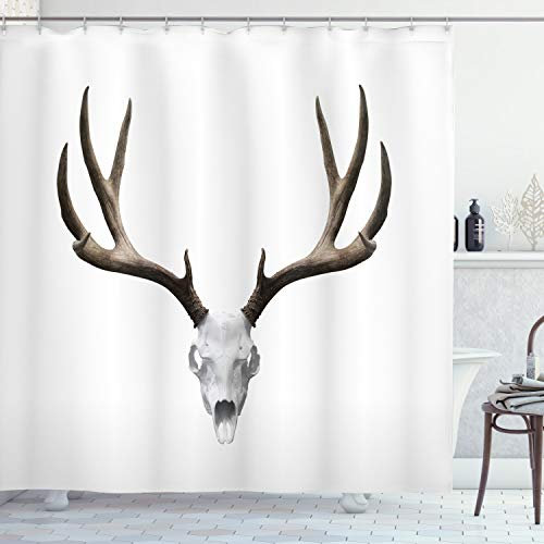 ABAKUHAUS Geweih Duschvorhang, Rotwild-Schädel-Skelett, Stoffliches Gewebe Badezimmerdekorationsset mit Haken, 175 x 220 cm, Warm Taupe Hellgrau