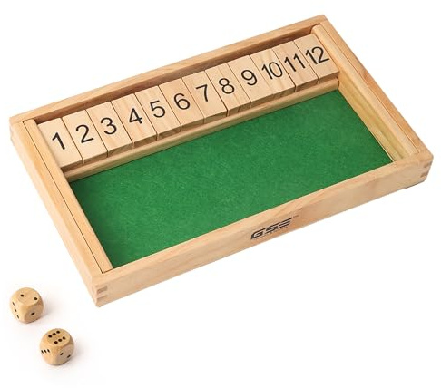 GSE Games & Sports Expert Wooden Shut The Box 12 Number Spots Dice Game Board with 2 Wooden Dice, Classic Tabletop Game Version of The Popular English Pub or Game Night