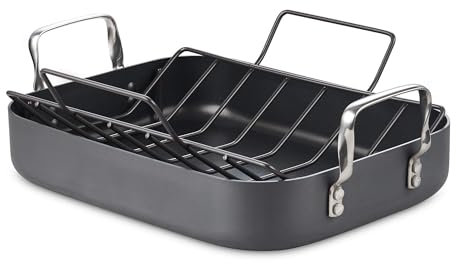 Cooks Standard Turkey Roasting Pan with Rack, Hard Anodized Nonstick 16-Inch x 12-Inch Chicken Ham Roaster Pan Multi-Use Grill Pan with Handles, Black