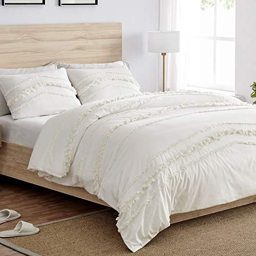 Sweet Jojo Designs Bohemian Boho Chic Elfenbeinfarbene Makramee getuftete Quaste, 3-teiliges Bettwäsche-Set für Doppelbett, Bettdeckenbezug, strukturiert, minimalistisch, cremefarben, Baumwollfransen,
