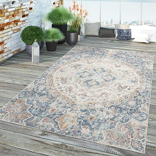 TT Home In-& Outdoor Teppich Küche Wohnzimmer Wetterfest Balkon Vintage Design Abstrakt, Farbe: Blau, Größe:160 cm Rund