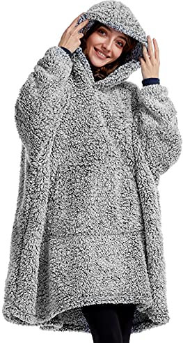Oversized Teddy Fleece Hoodie Blanket for Women Cuddly Sherpa Wearable Snuggle Blanket Hoody for Adults Kids Men Teenager, Super Warm and Soft,Black