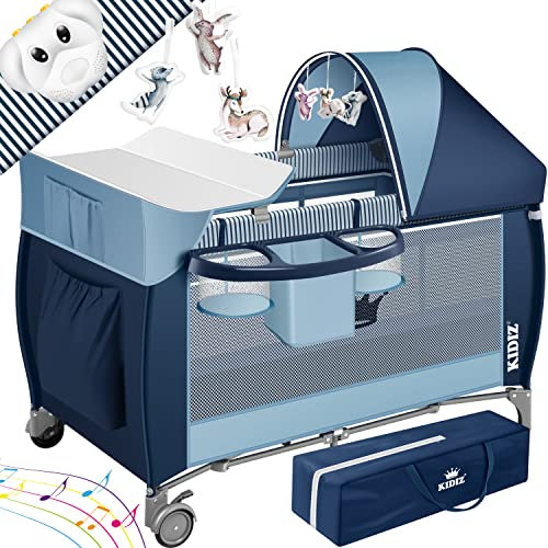 Kidiz® Babybett Reisebett Kinderreisebett klappbar mit Matratze & Räder 120x60, Seiteneingang, Wickelauflage, Moskitonetz & Tragetasche Baby Beistellbett Kinderbett ab Geburt bis 15 kg Navy Blue