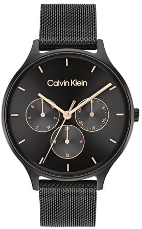 Calvin Klein Multi Zifferblatt Quarz Uhr für Damen Kollektion Timeless MESH MF mit Schwarzes Edelstahl-Mesh-Gliederarmband - 25200105