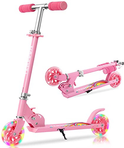 TENBOOM Trottinette pour enfants de 6 à 12 ans, pliage facile avec guidon réglable et frein arrière, trottinette lumineuse pour filles et garçons, rose