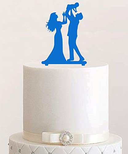 Cake Topper, Tortenstecker, Tortenfigur Acryl, Hochzeit Paar mit Kind Hochzeitstorte (Hellblau)