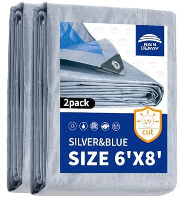 RAINDEWAY Tarps 6x8 Feet (Pack of 2) - 5.5 Mil, Multipurpose Waterproof Poly Tarp Cover with Metal Grommets and Reinforced Edges, Silver/Blue Tarp