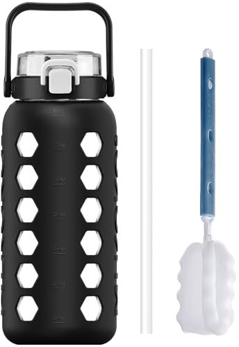 MUKOKO Half Gallon/64 oz Glass Water Bottles with Straw and Lid,Motivational Water Jug with Time Marker Reminder and Silicone Sleeve,100% Leakproof BPA Free Fitness Sports Large Bottle-Black